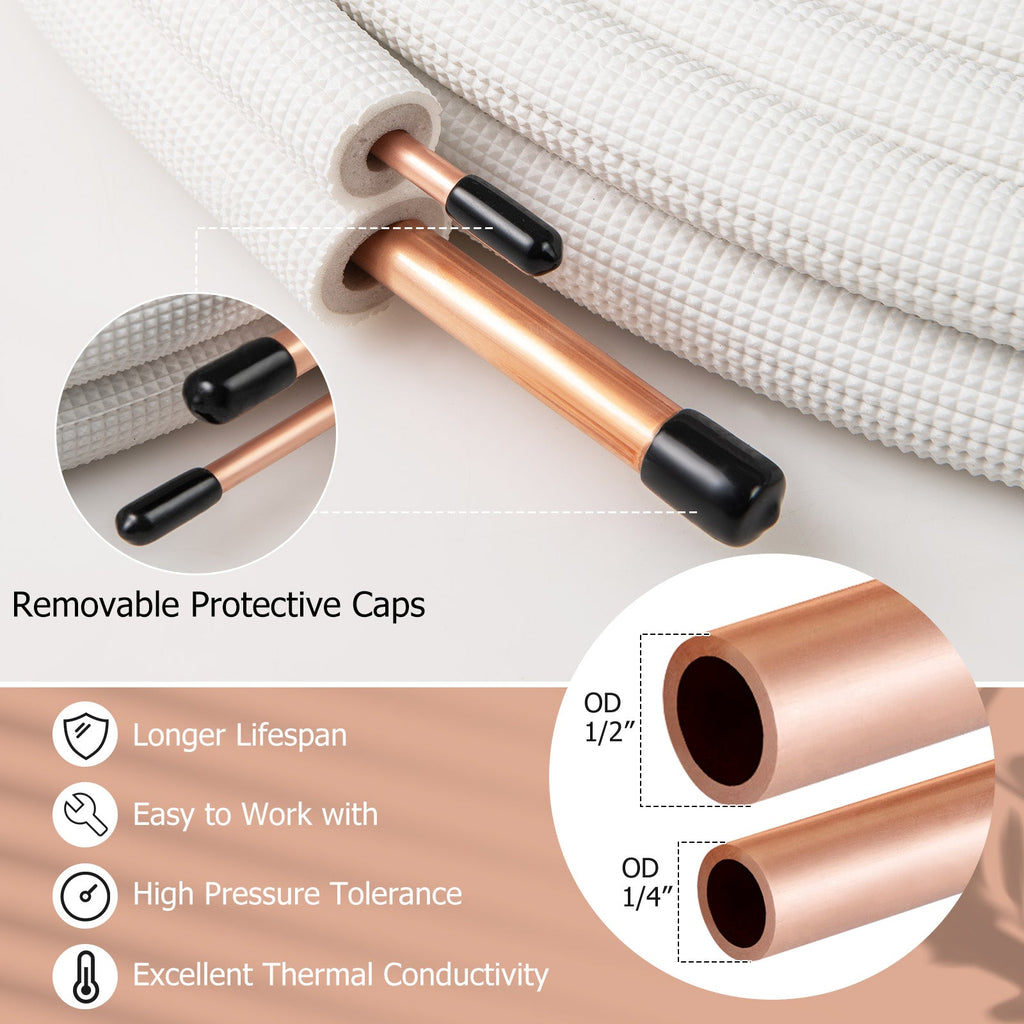 25 Feet Mini Split Line Set with 1/4 Inch and 1/2 Inch O.D. Copper Pipes Tubing